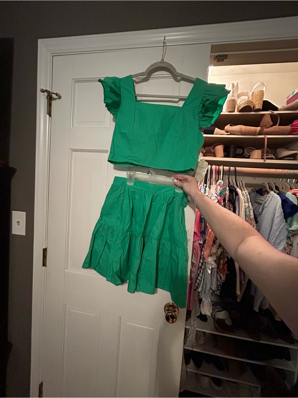 Altar'd State Womens' Green Ruffle-Sleeve Two-Piece Set